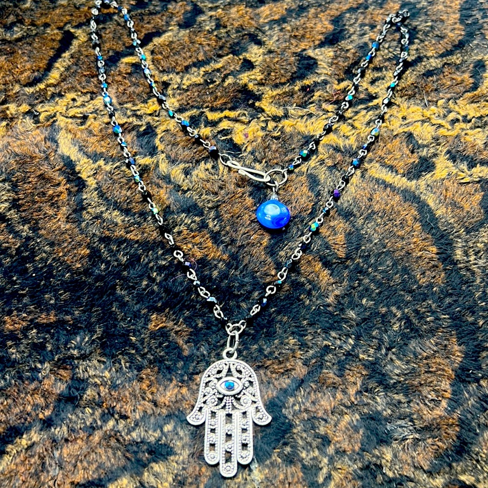 “24 inches Hamsa necklace handmade with small Czech black arura beads.